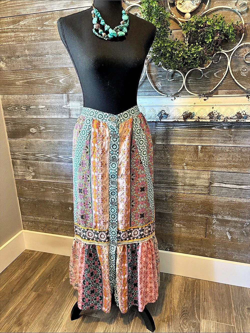 Sundance (Size XL) Boho Cottage Core Maxi Button Front Lined Patchwork Floral Sk